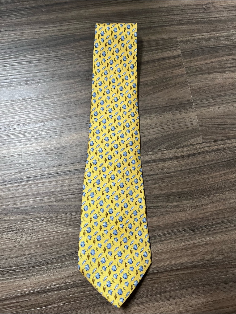 Salvatore Ferragamo Yellow Tie with Blue leaf Floral Fall Pattern
